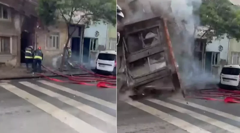 Dehşet anları kamerada! Yanan bina itfaiye erlerinin üzerine çöktü